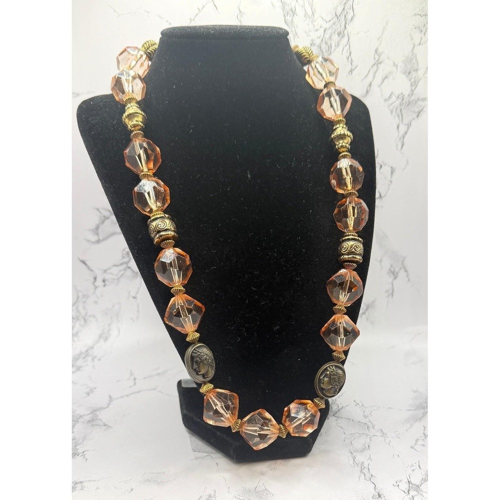 Unique Roman Cameo Peach Faceted Bead Necklace 22"